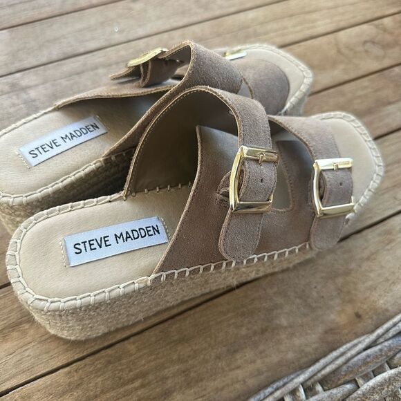 Steve Madden 2 Buckle Tan Leather Sandals 6.6 - Picture 2 of 6